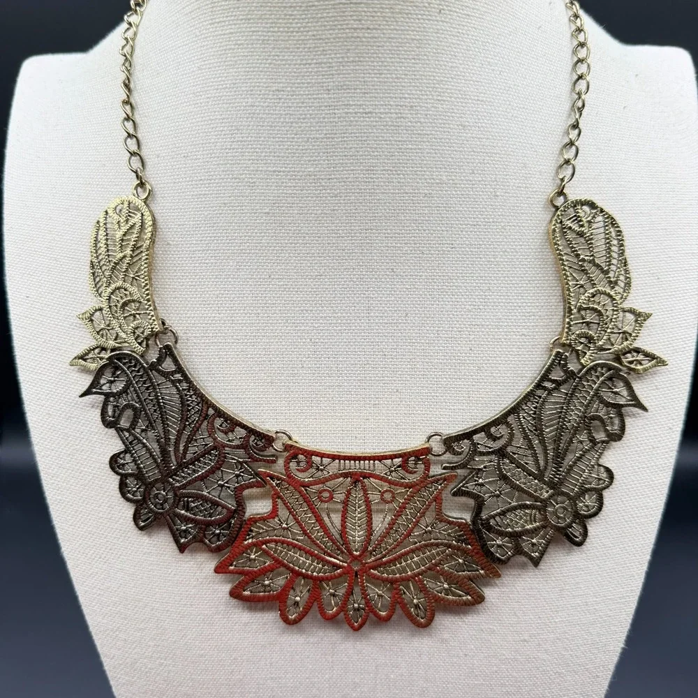Antique Gold Tone Filigree Floral Bib Necklace Boho Statement Festival Jewelry